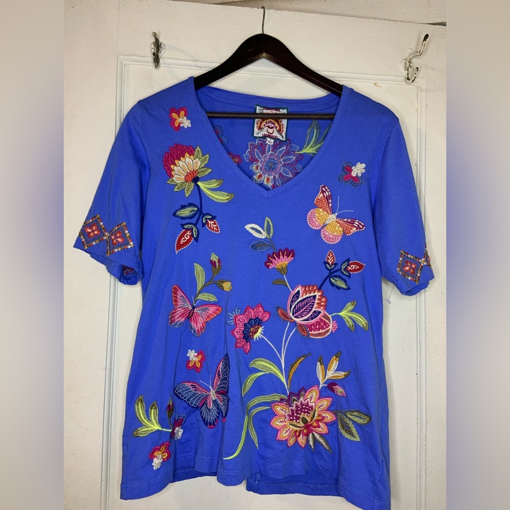 Johnny Was Royal Blue V-Neck Tee with Multicolor Floral & Butterfly Embroidery